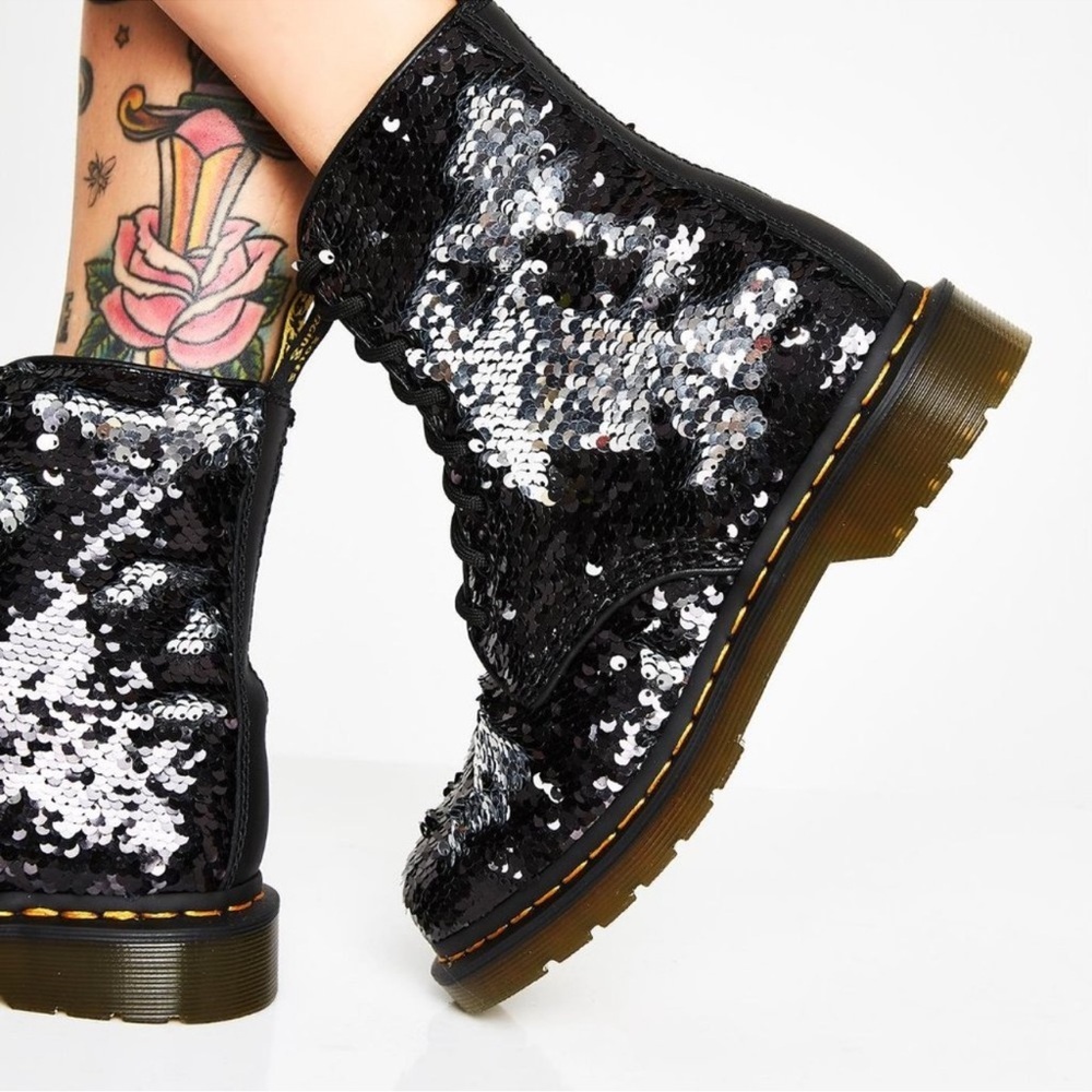 Dr. Martens 1460 Pascal Reversible Sequin boots in black and silver Size 6